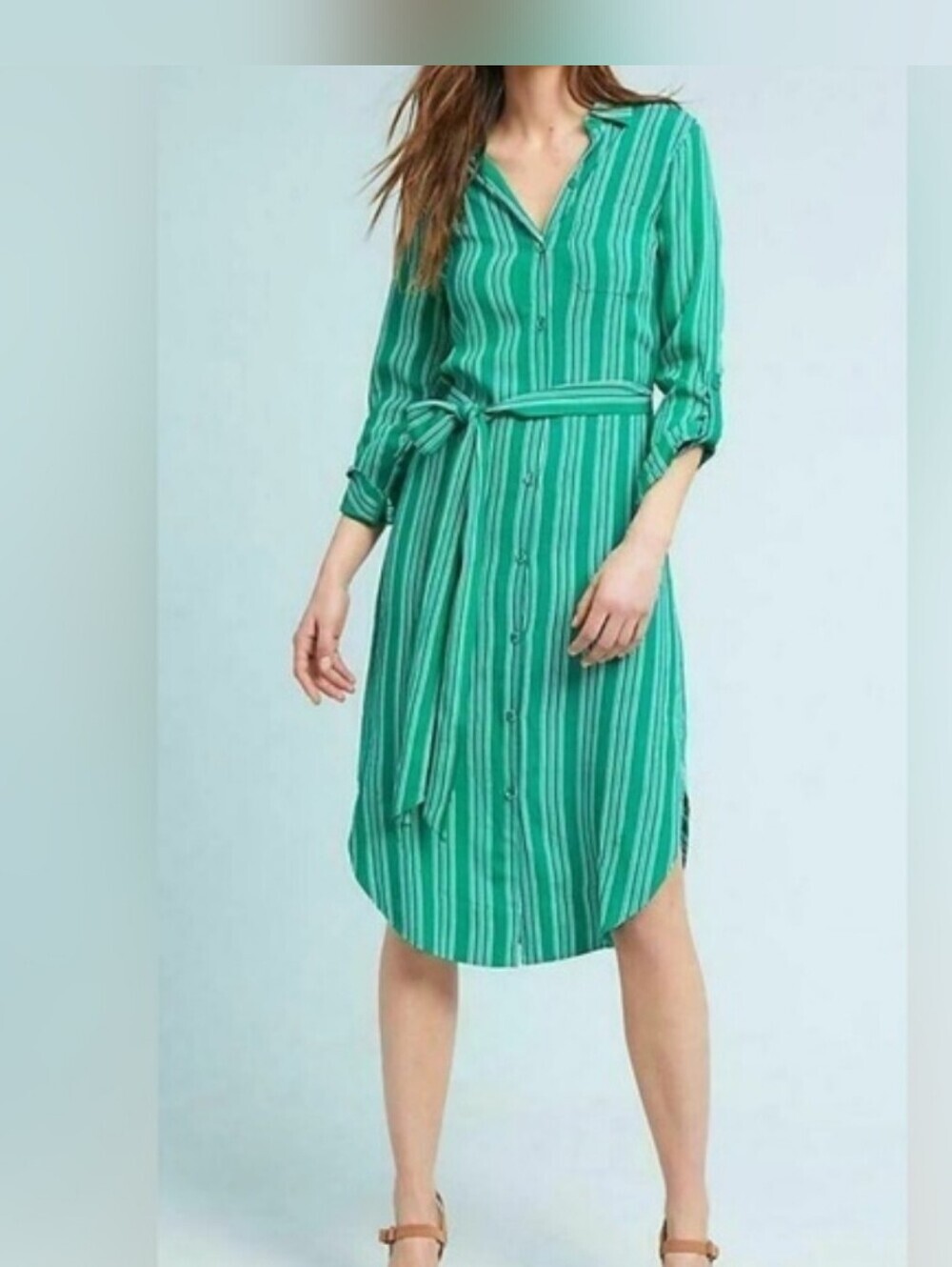 Anthropologie Maeve Green Striped Button-Down Maxi Shirt Dress Size 8 (No Belt)